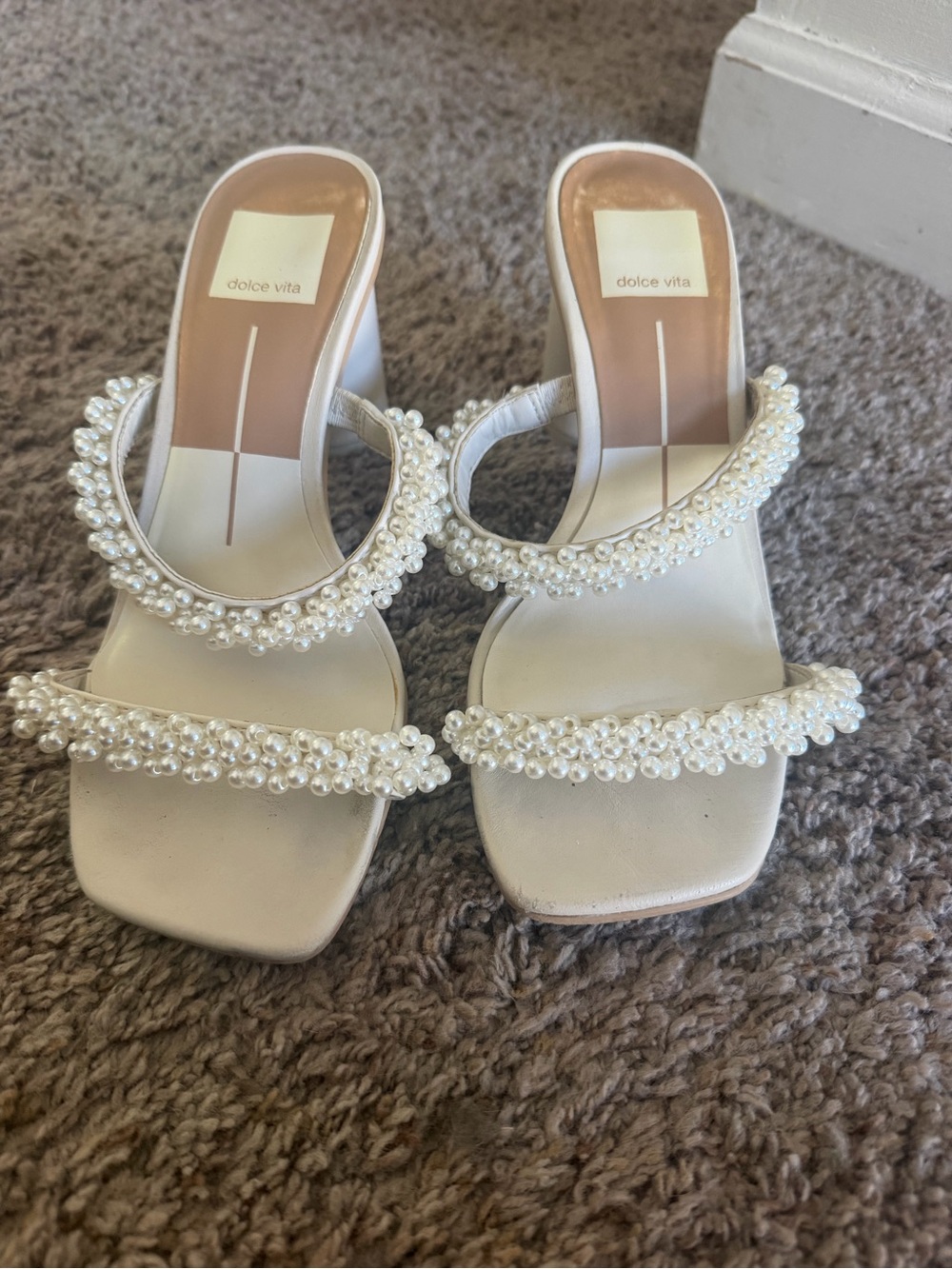 Dolce Vita White Pearl-Trim Slide Heels